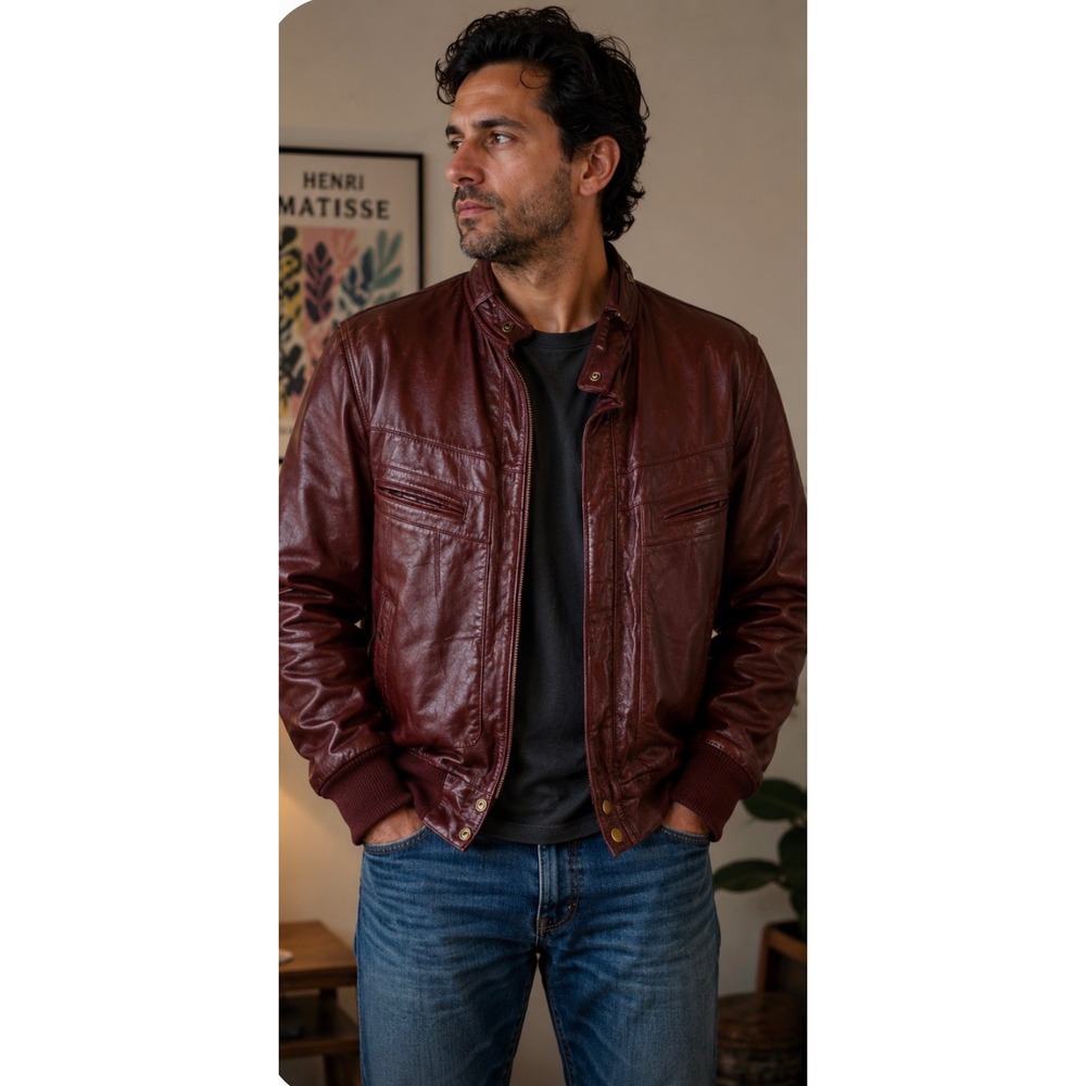 Wilsons Leather Bomber Jacket Mens 42L Burgundy Wine Vintage Zip Up 9437L